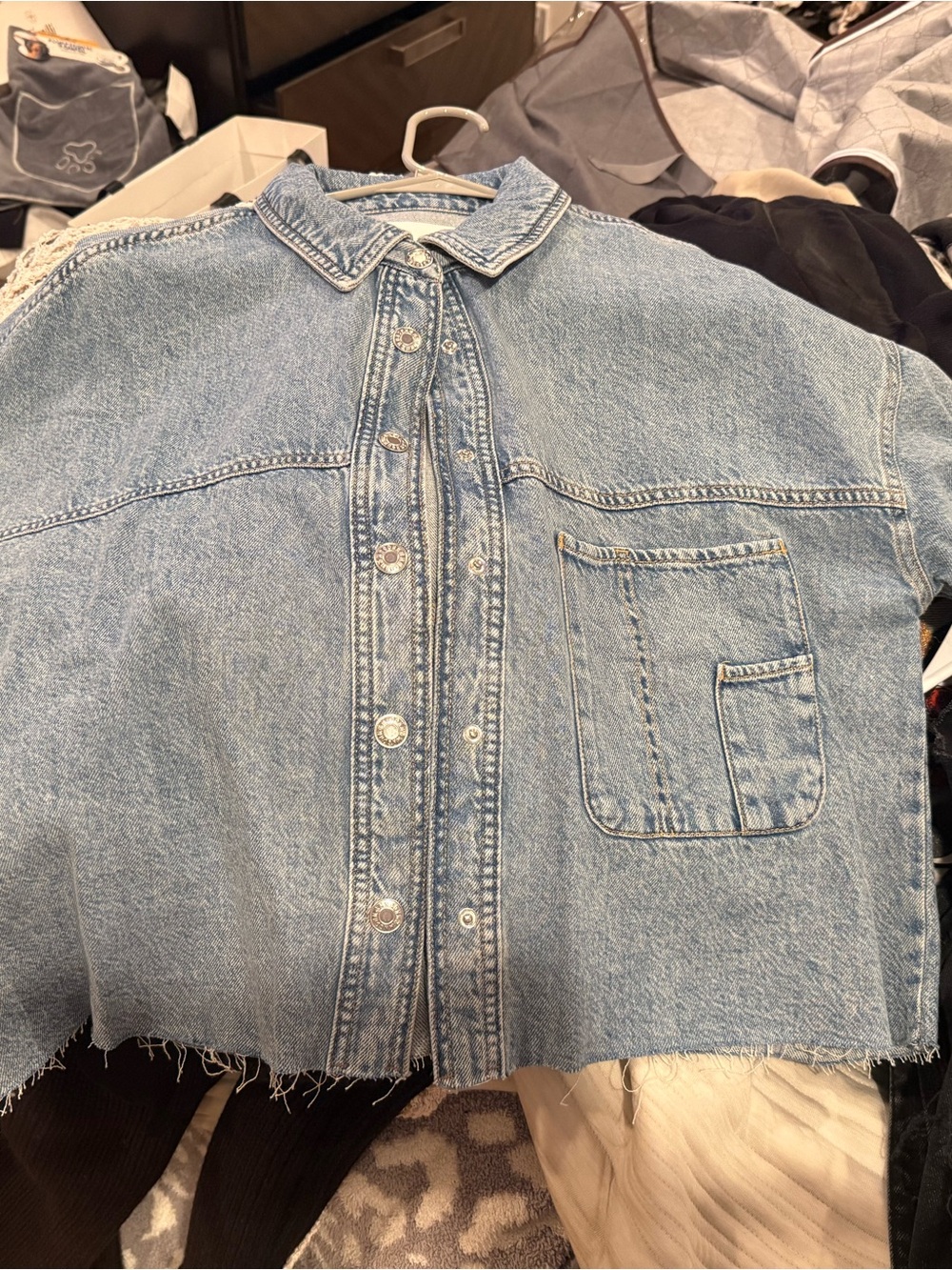 Mango Light Wash Denim Button-Up Crop Shirt